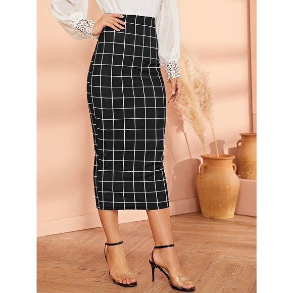Grid plaid Pencil midi Skirt black white - Picture 5 of 5